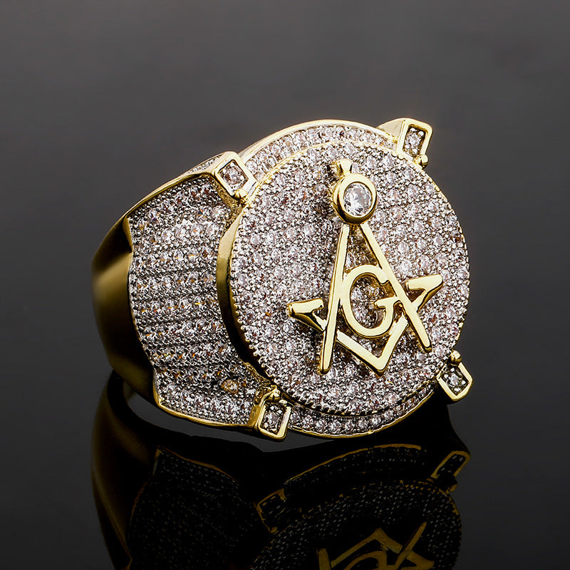 Retro AG Masonic letter ring, real gold electroplated with zircon, personalized hip-hop men's ring