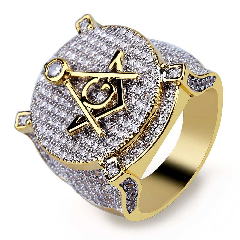 Retro AG Masonic letter ring, real gold electroplated with zircon, personalized hip-hop men's ring
