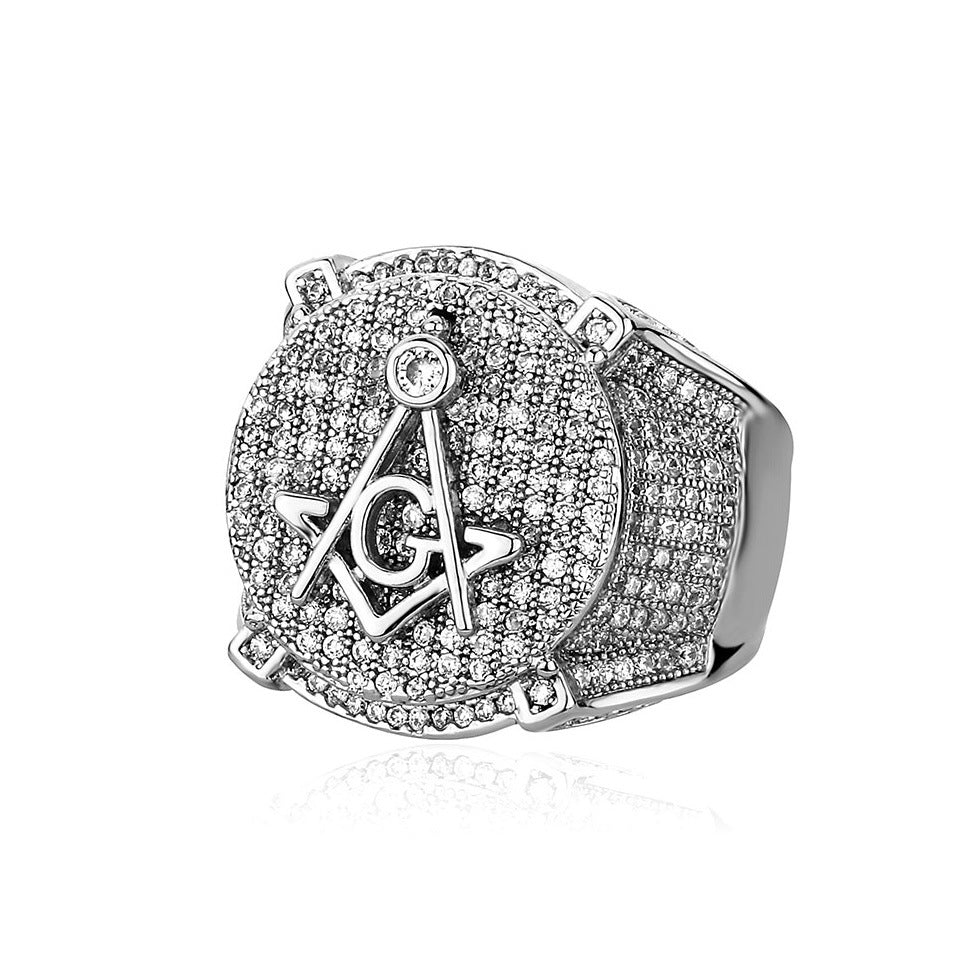 Retro AG Masonic letter ring, real gold electroplated with zircon, personalized hip-hop men's ring