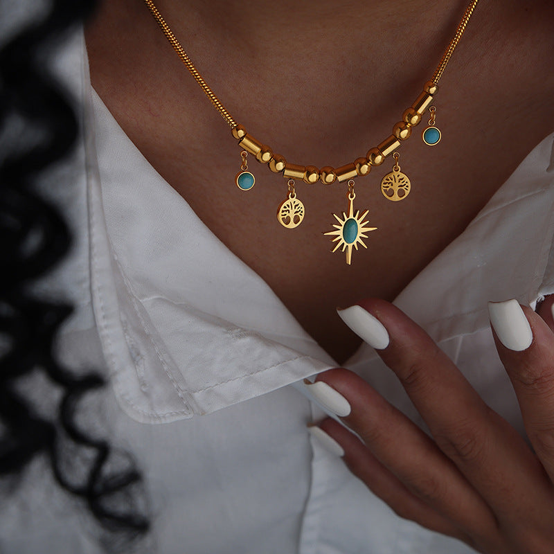 Sun Disc Turquoise Adjustable Set | Titanium Steel Necklace & Bracelet Combo