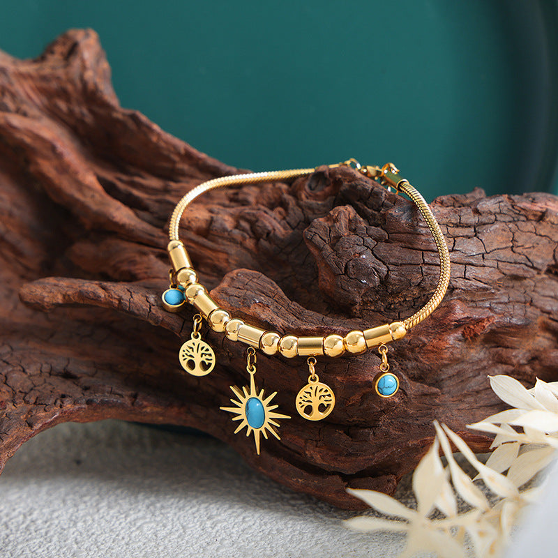 Sun Disc Turquoise Adjustable Set | Titanium Steel Necklace & Bracelet Combo