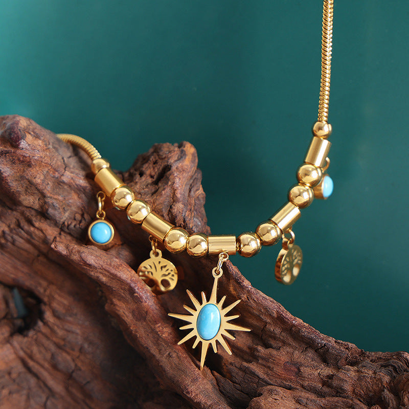 Sun Disc Turquoise Adjustable Set | Titanium Steel Necklace & Bracelet Combo