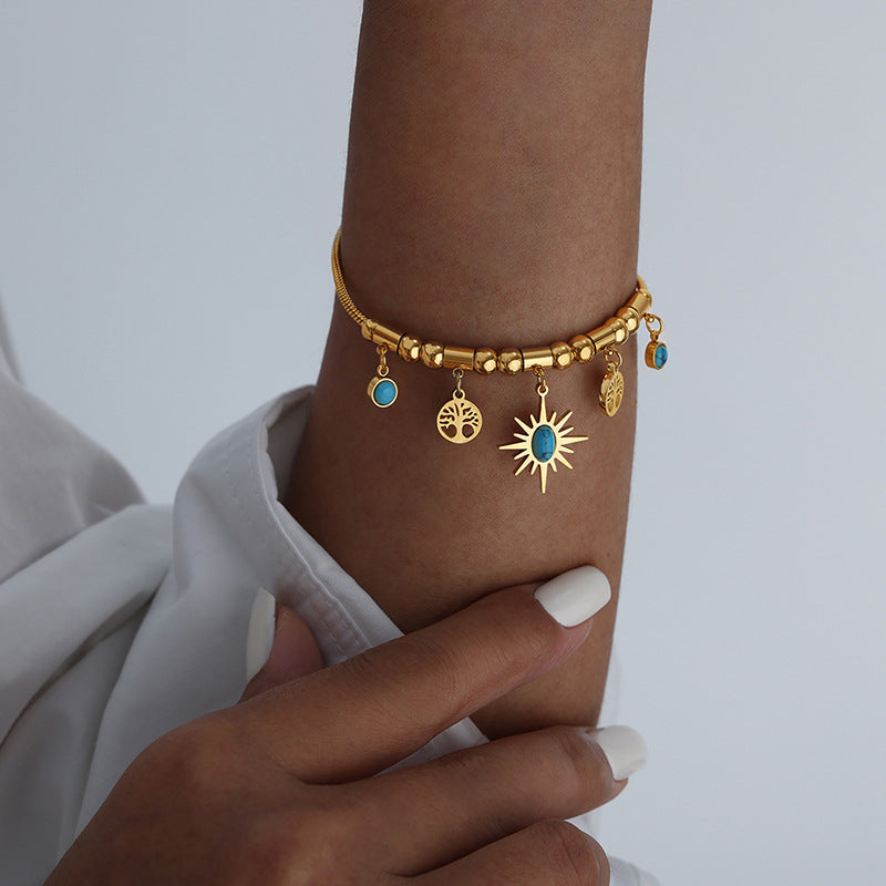 Sun Disc Turquoise Adjustable Set | Titanium Steel Necklace & Bracelet Combo