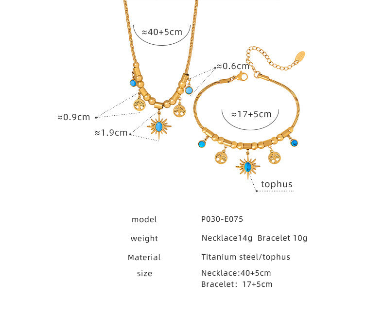 Sun Disc Turquoise Adjustable Set | Titanium Steel Necklace & Bracelet Combo