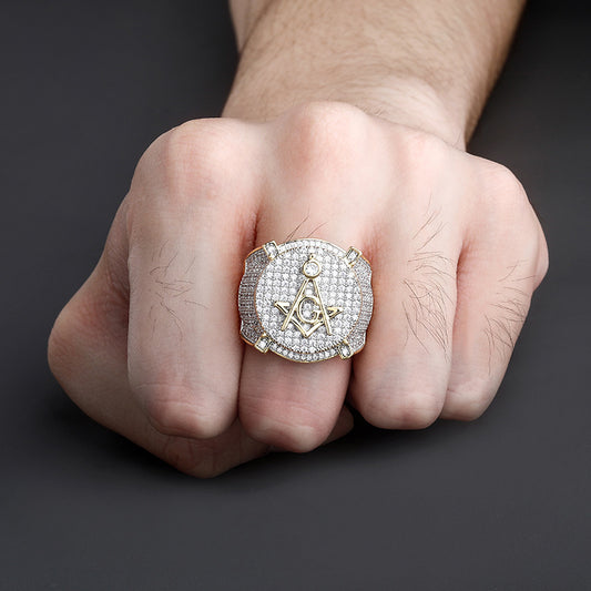 Retro AG Masonic letter ring, real gold electroplated with zircon, personalized hip-hop men's ring