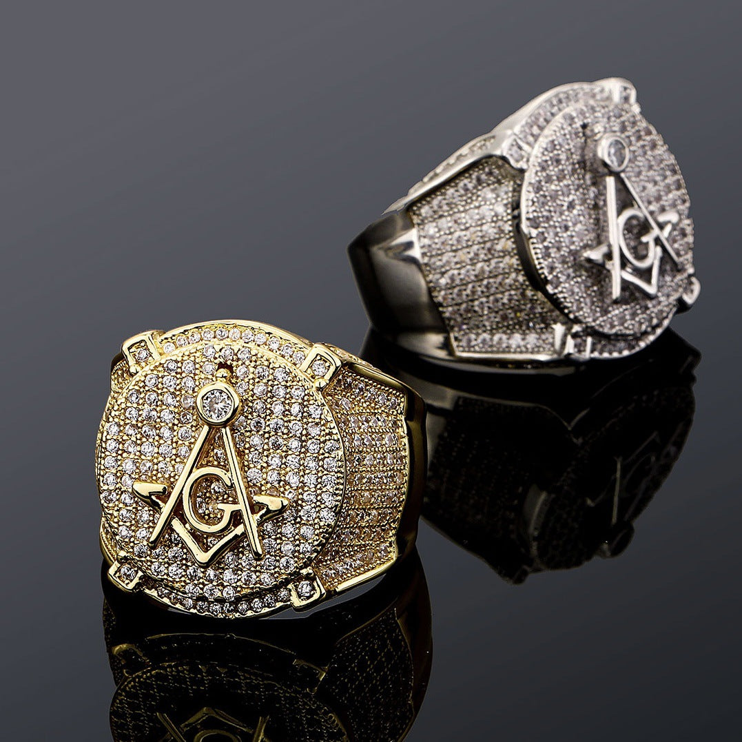 Retro AG Masonic letter ring, real gold electroplated with zircon, personalized hip-hop men's ring