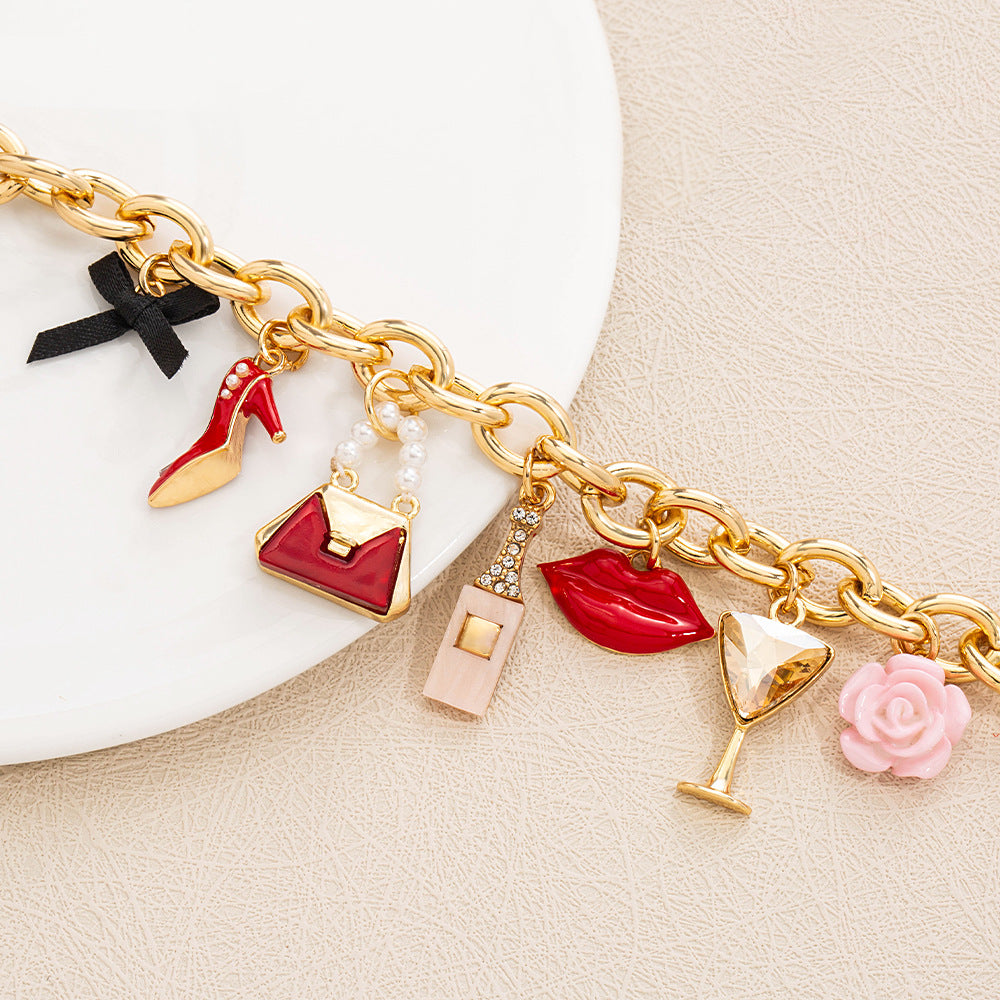 New 2025 light luxury oil-dripping women's lipstick, goblet pendant, zinc alloy bracelet and jewelry