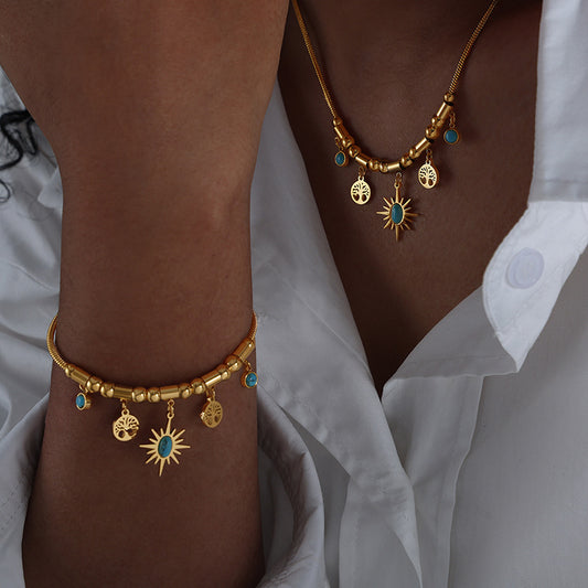 Sun Disc Turquoise Adjustable Set | Titanium Steel Necklace & Bracelet Combo