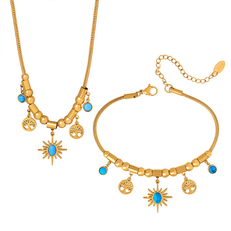 Sun Disc Turquoise Adjustable Set | Titanium Steel Necklace & Bracelet Combo