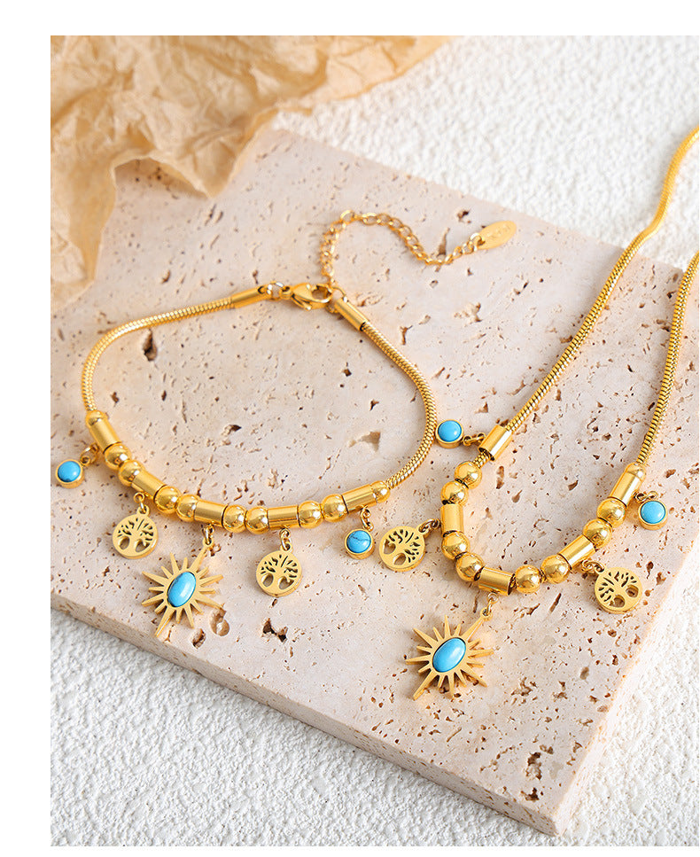 Sun Disc Turquoise Adjustable Set | Titanium Steel Necklace & Bracelet Combo
