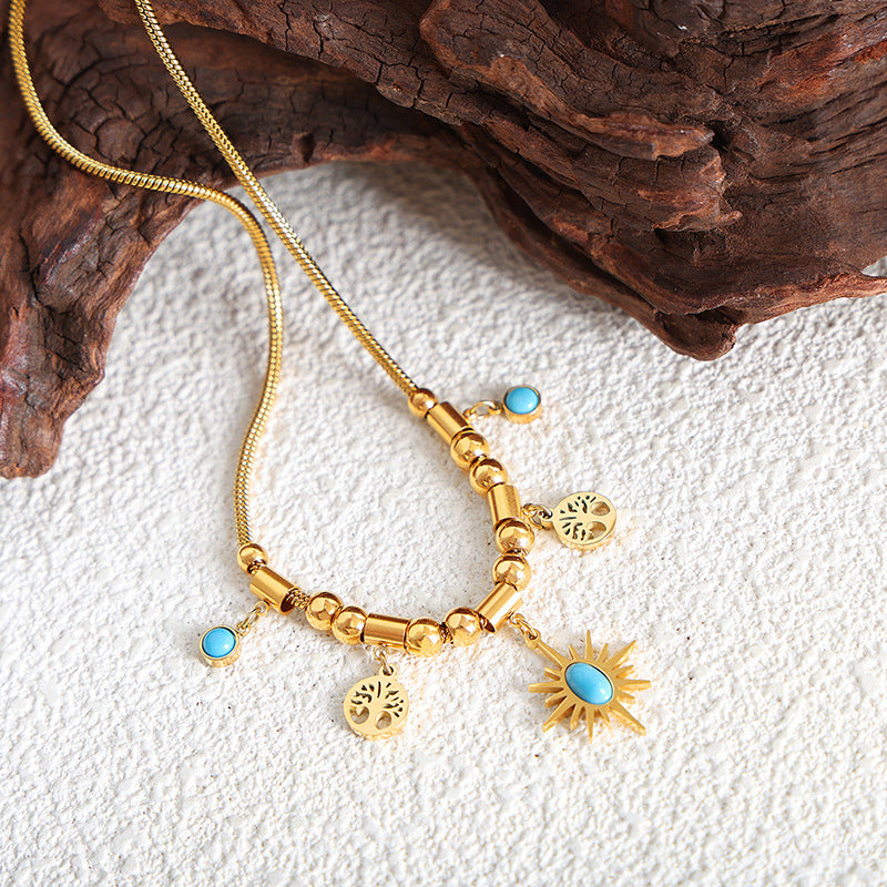 Sun Disc Turquoise Adjustable Set | Titanium Steel Necklace & Bracelet Combo