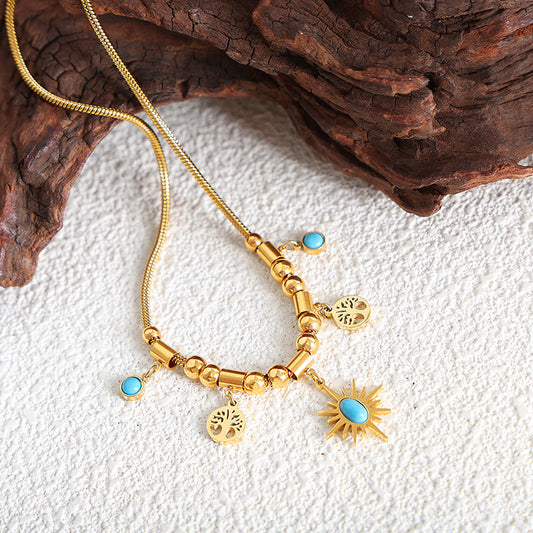 Sun Disc Turquoise Adjustable Set | Titanium Steel Necklace & Bracelet Combo
