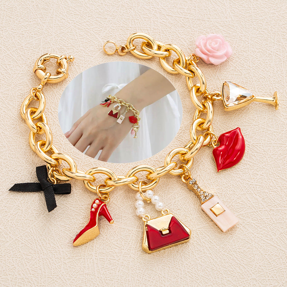 New 2025 light luxury oil-dripping women's lipstick, goblet pendant, zinc alloy bracelet and jewelry