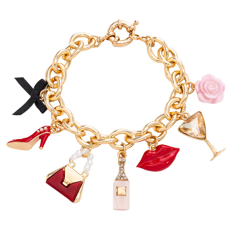 New 2025 light luxury oil-dripping women's lipstick, goblet pendant, zinc alloy bracelet and jewelry
