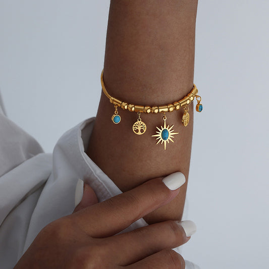 Sun Disc Turquoise Adjustable Set | Titanium Steel Necklace & Bracelet Combo