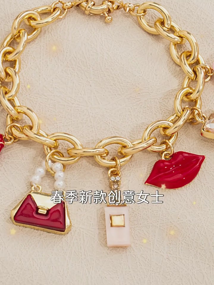 New 2025 light luxury oil-dripping women's lipstick, goblet pendant, zinc alloy bracelet and jewelry
